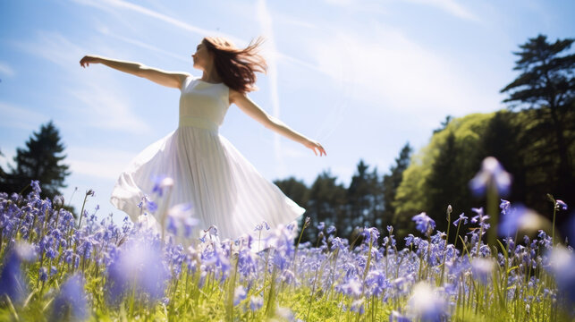 Portrait of beautiful girl in field with bluebell flowers, sky background