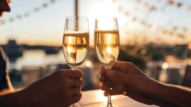 A photo of a couple toasting with champagne, symbolizing an engagement or wedding