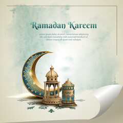islamic greetings ramadan kareem card design with crescent moon and gold lanterns - obrazy, fototapety, plakaty