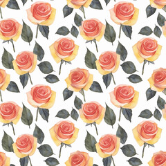 Watercolor Yellow Rose Flower Floral Seamless Pattern on White Background