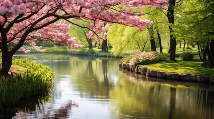 Fototapeta na wymiar A peaceful image of a tranquil pond surrounded by blooming trees and fresh greenery