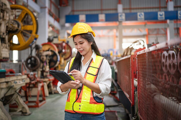 Portrait of female engineer or factory worker working in modern industrial factory, Woman looking camera in industrial factory.	