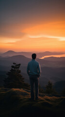 A person standing on a mountain top, looking out at a beautiful sunset