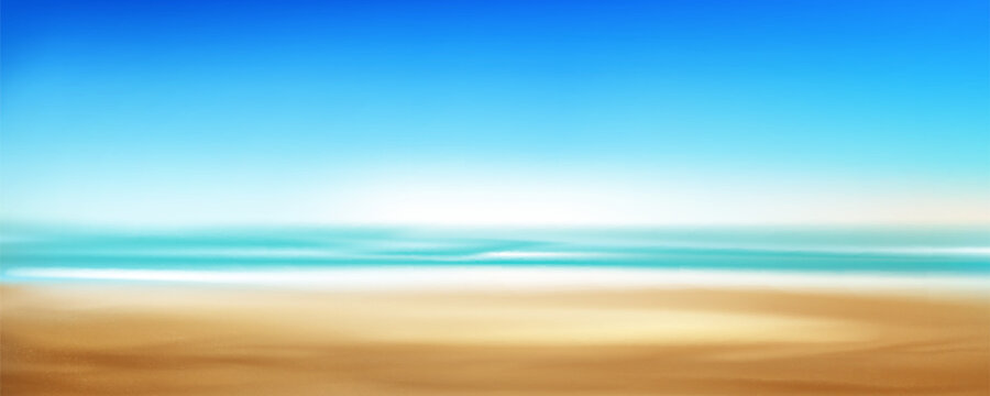 Realistic sand beach with blue water of sea or ocean and clear sky. Vector illustration of summer landscape with empty seashore, foam wave on sandy texture. Panoramic sunny day scene with coastline.