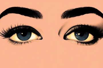 Closeup painting of woman's eyes. Illustration of female charming look. Mascara. Eyebrows. Iris. Pupil. Eyelashes. Highlighter. Retina. Woman's face. Vision. Eye. Mood. Makeup
