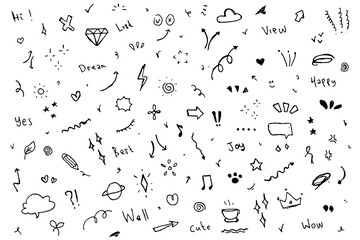 Doodle cute star, sparkle pen line elements set hand drawn icons.