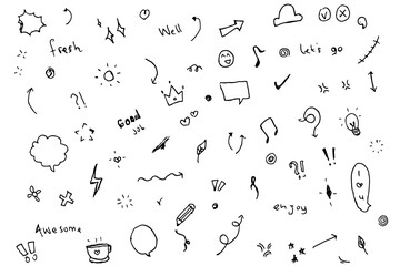 Naklejka premium hand drawn Doodle cute glitter pen line elements. Doodle heart, arrow, star, sparkle decoration symbol set icon.