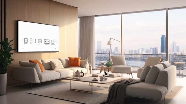 a realistic image of a smart thermostat seamlessly blending into a modern living room, emphasizing its intuitive interface, energy efficiency, and the comfort it brings to a smart home