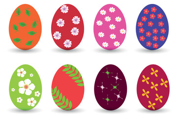 Set of multi-colored Easter eggs with floral patterns. Festive Easter content. Vector illustration.