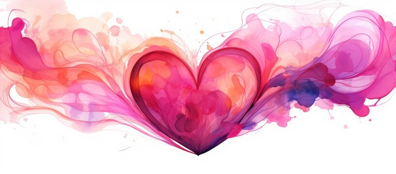 Watercolor abstract heart in pink tones with beautiful artistic streaks and flows on white background. Banner for valentine's day. Love