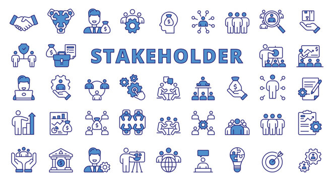 Stakeholder icon line design blue. Business, partner, shareholder, investor, supporter vector illustrations. Stakeholder pictograms editable stroke icons.
