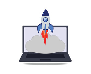 rocket take off from the laptop screen or start up and boosting business concept