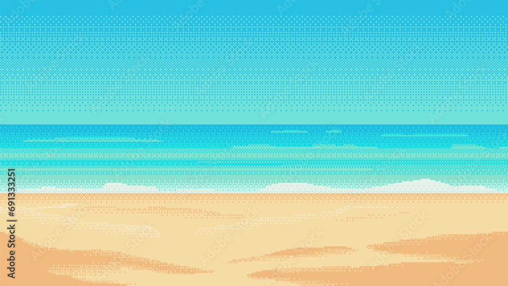 Poster pixel art beach background. 2d backdrop for 8-bit retro video game or mobile application. seamless w