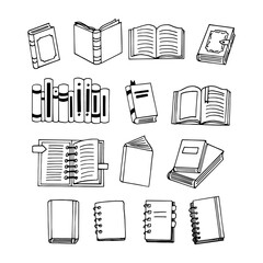 books and notebook set icon. sketch hand drawn doodle style. vector, minimalism, monochrome. library, learning reading lettering.