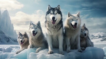 A team of husky sled dogs rest on sea ice, Greenland. - obrazy, fototapety, plakaty