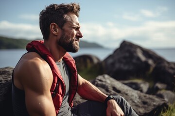 Fototapeta premium man have injury muscle joint between shoulder and arm pain after workout