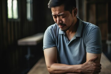 Obraz premium man have injury muscle joint between shoulder and arm pain after workout