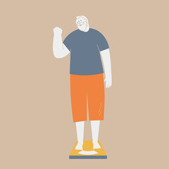 An elderly man is happy when he looks at the scale. He is raising one hand.