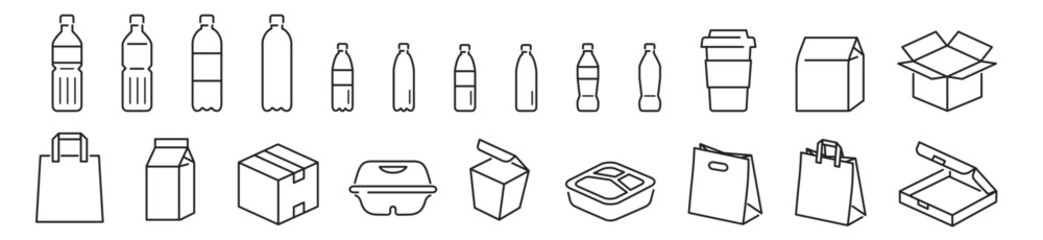 Packages, Mockups, Fast food, Handle bags, Paper bags, Cup, Editable stroke Linear icon collection Vector illustration