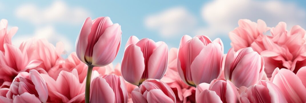 Beautiful Meadow Pink Bright Blooming Tulips, Banner Image For Website, Background, Desktop Wallpaper