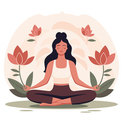 Yoga woman meditating in lotus position amidst nature - flat color vector illustration