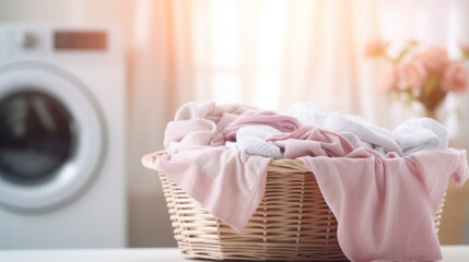 Fototapeta na wymiar Modern washing machine and laundry basket with Stack of clean clothes