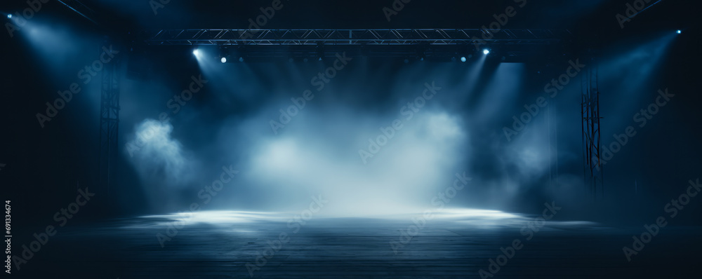 Wall mural empty stage with spotlights and smoke banner background with copy space