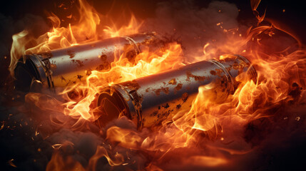 Close-up of burning batteries generating heat and flames , battery danger concept image - obrazy, fototapety, plakaty