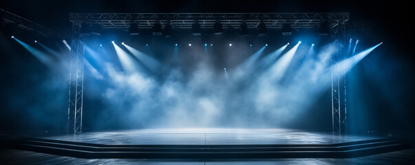 Empty stage with spotlights and smoke banner background with copy space