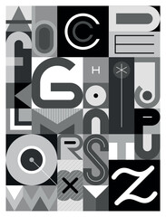 Vector grayscale geometric abstract design of alphabet letters.