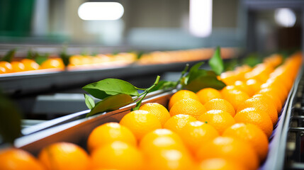 Fresh oranges fruit on conveyor belt to produce orange juice , food-processing industry concept image background