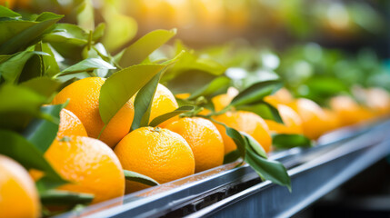 Fresh oranges fruit on conveyor belt to produce orange juice , food-processing industry concept image background - obrazy, fototapety, plakaty