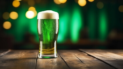 Glass of green beer on table for st patricks day concept image background with copy space