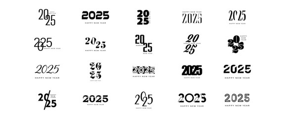 Big set of 2025 new year logo text design.