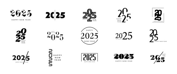 Big set of 2025 new year logo text design.