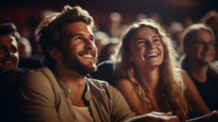Movie day Happy young couple watching a comedy movie in the cinema, smiling. - obrazy, fototapety, plakaty