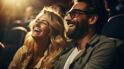 Movie day Happy young couple watching a comedy movie in the cinema, smiling. - obrazy, fototapety, plakaty