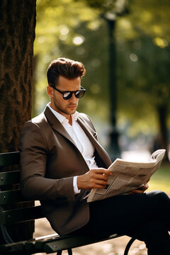 businessman reading newspaper in the park photo