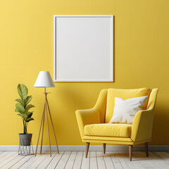 The interior of the room with modern furniture and an frame with white poster in mockup style. Empty frame on living rooms wall. Template for the design.