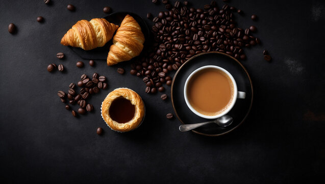 Coffee cup with coffee bean, pastry, croissant on rustic black table counter background, text copy space, top view, view from above, breakfast, banner, cafe, morning concept. generative ai
