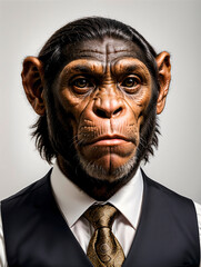 Chimpanzee in a business suit, business animals, Generative AI image.