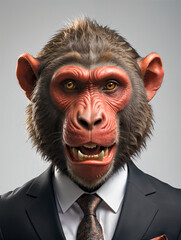 Baboon in a business suit, business animals, Generative AI image.
