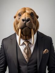 Walrus in a business suit, business animals, Generative AI image.