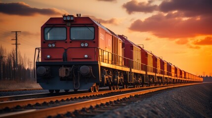 Obraz premium Freight train. Rear view of the last wagon of a freight train. Wagons with goods delivery.