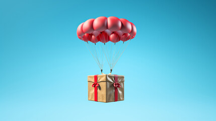 Giftbox landing with a parachute against blue sky