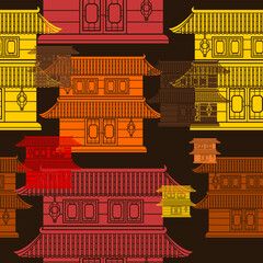 Editable Flat Monochrome Style Two Roofs Traditional Chinese Building Vector Illustration in Various Colors as Seamless Pattern With Dark Background for Oriental History and Culture Related Design