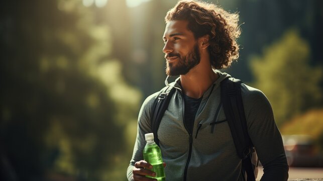 Cheerful Sportsman Watching Funny Movies, Listening To Music, Holding A Bottle Of Water,