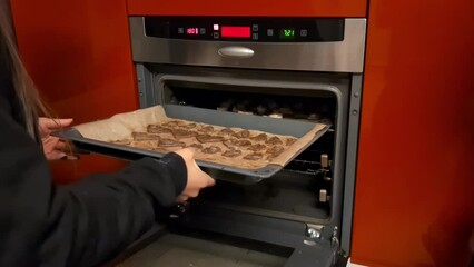 Putting Christmas gingerbread cookies in the oven to bake - Powered by Adobe