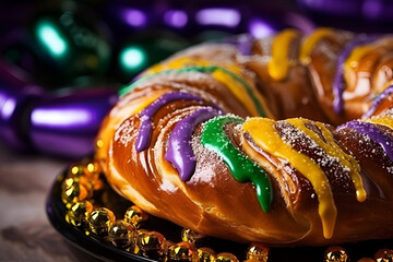 King Cake on a purple background, with puffs and highlights, suitable for design with copy space,...