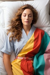 pretty woman with brown long hair lying in a bed with closed eyes, with coloured striped clothes, top view